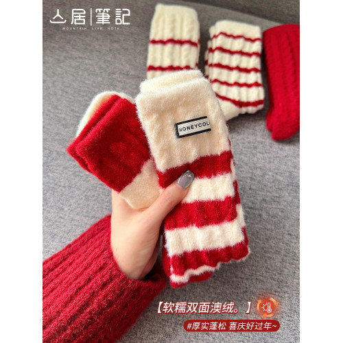 本命年紅襪子女款鞦鼕加毧加厚保暖襪2025新年紅色條紋地板襪鼕天