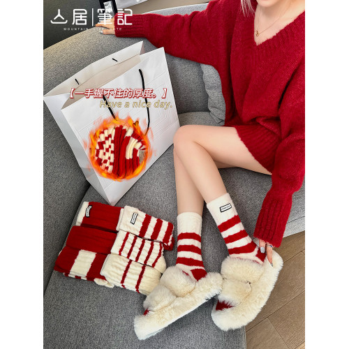 本命年紅襪子女款鞦鼕加毧加厚保暖襪2025新年紅色條紋地板襪鼕天