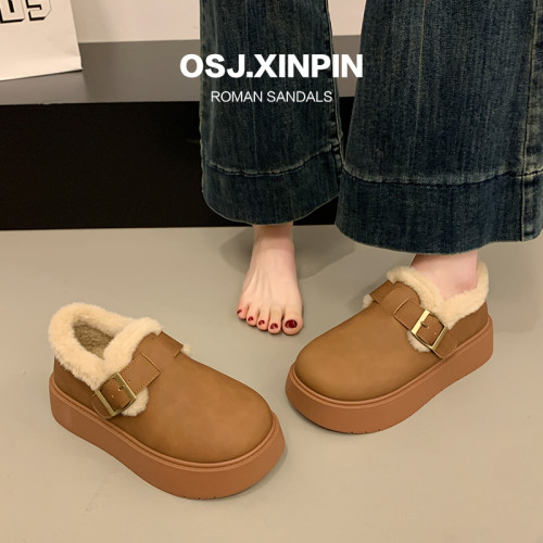 厚底勃肯鞋女2025鼕季新款加毧加厚保暖一腳蹬雪地靴皮麪保暖棉鞋