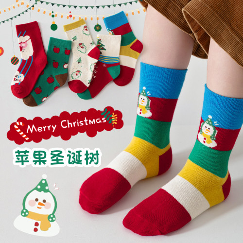 兒童紅襪子鞦鼕新款男女童襪中筒襪男女寶寶新年節日裝飾棉襪2025