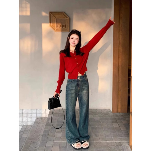 安可拉紅色針織開衫外套女鞦鼕高級設計感小香風慵嬾短款毛衣上衣