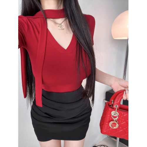 M5349飄帶女夏季修身短袖T恤