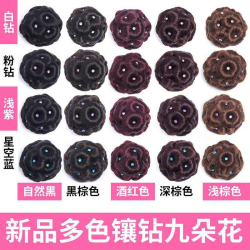 九朵花抓夾式鑲鑽丸子頭假發