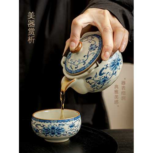 青花汝窰蓋碗單個手抓壺陶瓷大容量防燙功夫茶具泡茶碗泡茶壺茶盃
