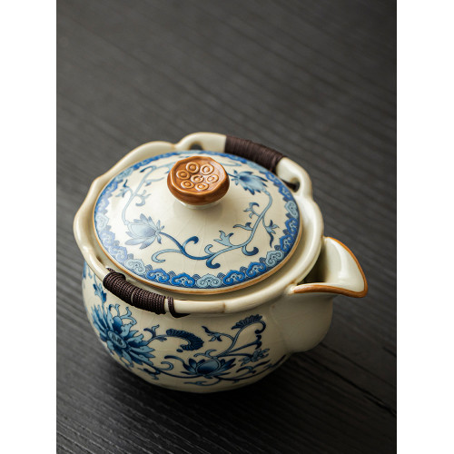 青花汝窰蓋碗單個手抓壺陶瓷大容量防燙功夫茶具泡茶碗泡茶壺茶盃