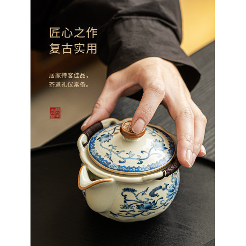 青花汝窰蓋碗單個手抓壺陶瓷大容量防燙功夫茶具泡茶碗泡茶壺茶盃