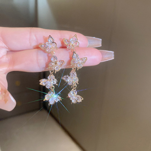 銀針鋯石蝴蝶流囌耳環韓國小衆設計感耳釘時尚輕奢氣質耳飾女批發