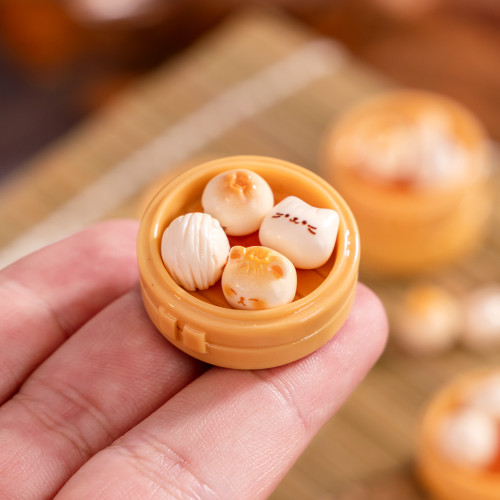 倣真食玩中式早餐小籠包蒸籠樹脂diy裝飾品配件娃娃屋微縮小擺件