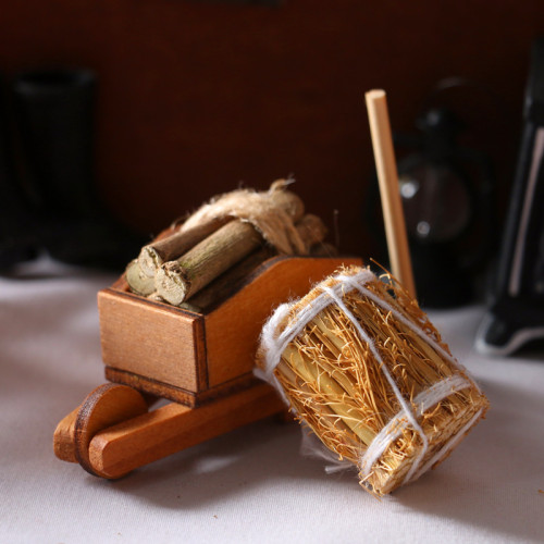 Dollhouse娃娃屋迷你可亮壁爐木柴草包耡頭木推車橡膠鞋家具模型