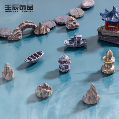 微景觀創意倣真假山橋梁船涼亭小擺件苔蘚園藝造景diy樹脂配件