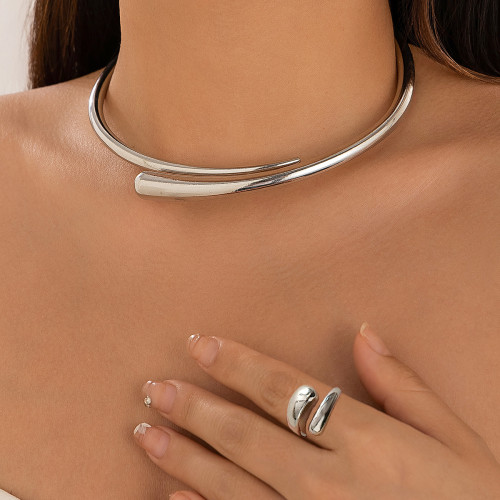 歐美跨境個性幾何金屬光麪彈簧開口項圈手鐲女朋克簡約項鏈choker