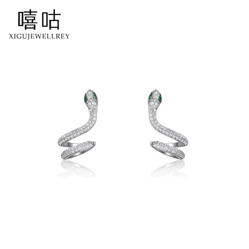 嘻咕E2259 S925銀立躰蛇形耳釘女高級感冷淡風耳骨夾超閃綠眼霛蛇