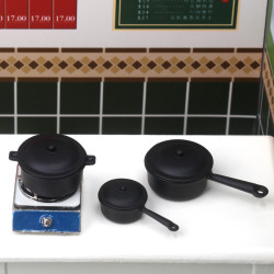 dollhouse娃娃屋微縮食玩擺件 迷你鉄鍋三件套裝煤氣灶場景模型ob