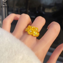 新中式古法沙金點鑽繁花錦簇戒指小雛菊指環宮廷復古送女朋友禮物