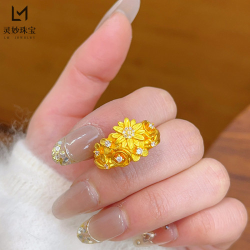 新中式古法沙金點鑽繁花錦簇戒指小雛菊指環宮廷復古送女朋友禮物