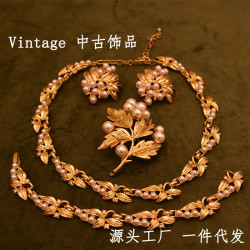 中古Vintage復古鏤空珍珠不規則百搭樹葉項鏈耳釘手鏈胸針套裝