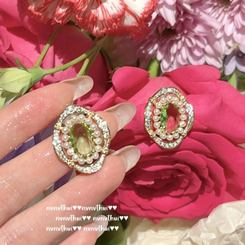 嘉柏儷薄荷綠寶石珍珠耳環 音符露珠 鍍18K金 果綠漸變鋯石耳圈