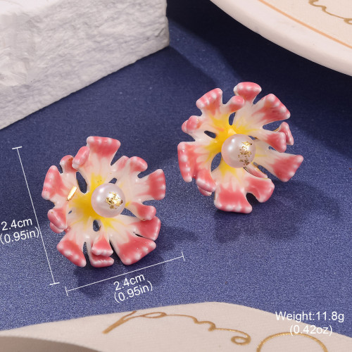 珍珠花朵琺瑯彩滴油彩色耳釘女高級氣質時尚2024新款立躰花卉耳飾