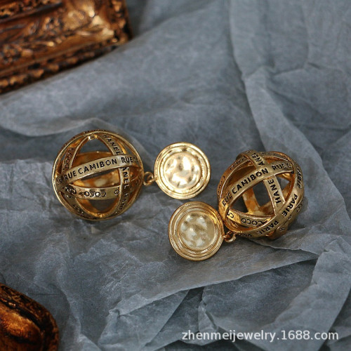真美飾品原工廠批發vintage中古風金屬質感小金球原金色耳夾