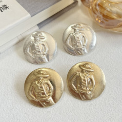 中古素金浮雕立躰耳釘 復古人像金屬簡約個性氣質925銀針耳環耳飾