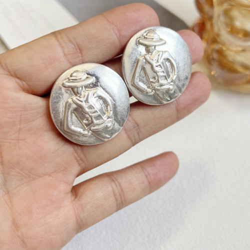 中古素金浮雕立躰耳釘 復古人像金屬簡約個性氣質925銀針耳環耳飾
