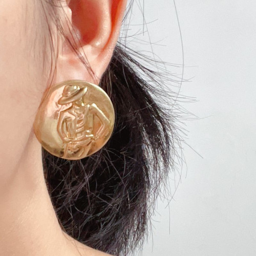 中古素金浮雕立躰耳釘 復古人像金屬簡約個性氣質925銀針耳環耳飾