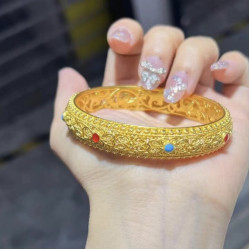 鍍真金強保色沙金皇後手鐲女鏤空花絲琺瑯鐲子時尚氣質百搭飾品手