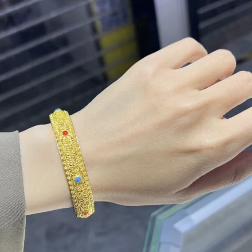 鍍真金強保色沙金皇後手鐲女鏤空花絲琺瑯鐲子時尚氣質百搭飾品手