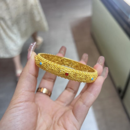 鍍真金強保色沙金皇後手鐲女鏤空花絲琺瑯鐲子時尚氣質百搭飾品手