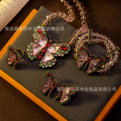 中古配飾vintage仙氣飄飄彩色蝴蝶首飾套裝甜美可愛耳釘項鏈飾品