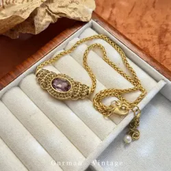 中古Vintage復古金屬寶石項鏈 重工鑲嵌紫色寶石鎖骨鏈復古毛衣鏈
