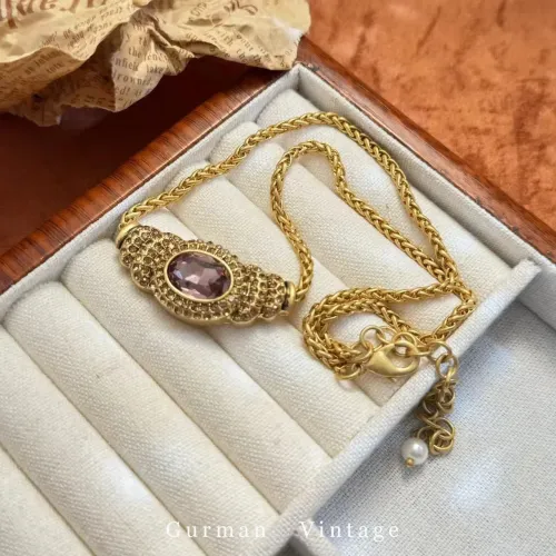 中古Vintage復古金屬寶石項鏈 重工鑲嵌紫色寶石鎖骨鏈復古毛衣鏈