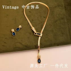 中古Vintage簡約蛇骨Y型琉璃項鏈復古銅鍍金鎖骨鏈