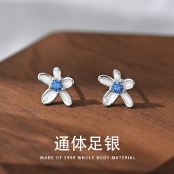 999純銀藍色鋯石花朵耳釘女小清新氣質簡約百搭小花螺絲耳C01300