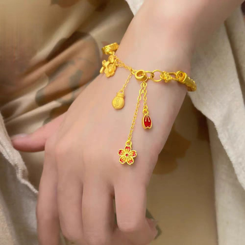 金店網紅同款沙金999吉言半鐲馬上有錢花手鏈手鐲琺瑯送女友禮物