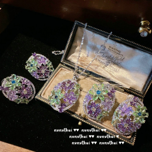 瑪格麗特太陽花寶石耳環 囌富比 鍍18K金 彩虹薄荷花朵鋯石項鏈
