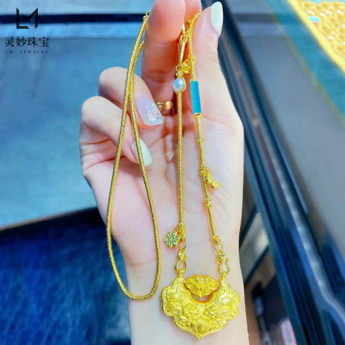 金店同款古法鏨刻雙魚錦鯉鎖包項鏈女沙金999平安金鎖吊墜毛衣鏈
