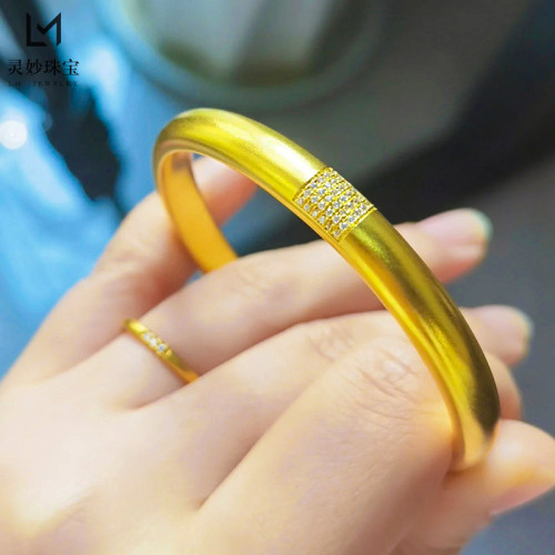 沙金999點鑽古法磨砂富貴圓滿傳承手鐲女實心素圈手環送女友禮物