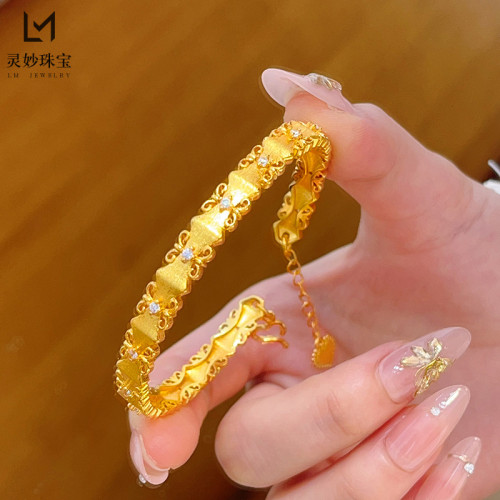 古法沙金點鑽拉絲鳶尾花手鐲幾何設計金色鐲子中古風時尚女送禮物