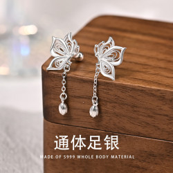 S999銀耳環小清新甜美流囌新款蝴蝶耳釘女韓版耳骨釘睡覺不用摘耳