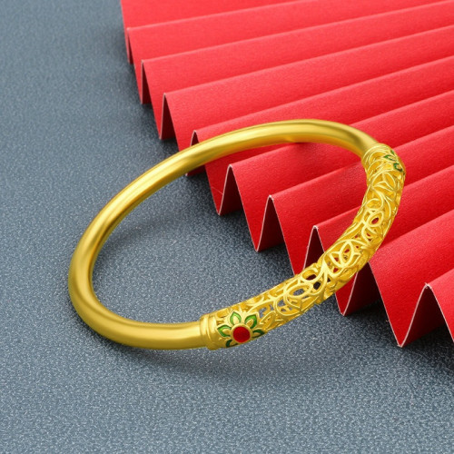 越南沙金敦煌傳承祥瑞送福雕花鏤空琺瑯手鐲黃銅鍍金女士手鐲禮物