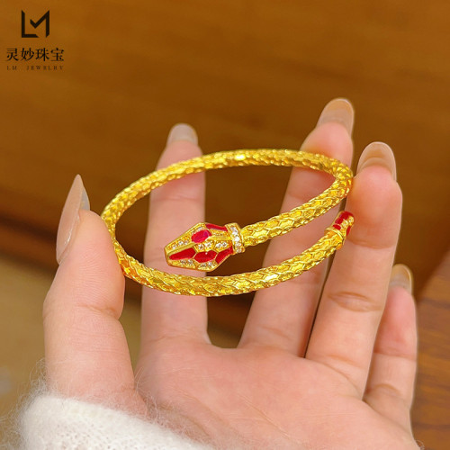 古法沙金琺瑯彩花絲霛蛇手鐲亮麪點鑽蛇形鐲子本命年送女朋友禮物