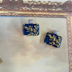 青島中古琺瑯彩方形耳環臘梅花瓣耳釘紫松耳環中古風首飾