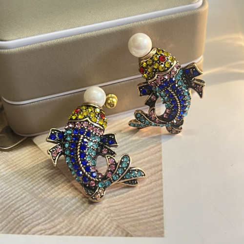 年年有魚錦鯉宮廷國風氣質耳釘 彩寶滿鑽鑲嵌珍珠銀針耳環耳飾女