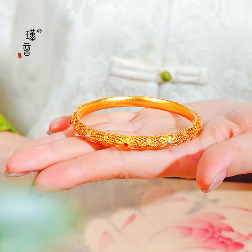 瑾言金店同款沙金鏤空花絲皇後鐲錢幣閉口鐲子新中式宮廷風手飾女