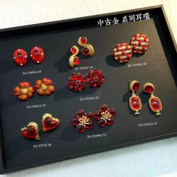 中古vintage復古春夏花朵耳飾高級紅色系宮廷風優雅小衆設計耳環