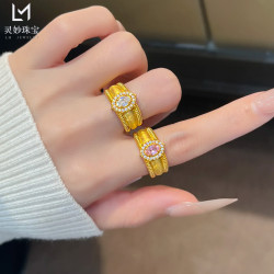 金店同款古法沙金點鑽拉絲鴿子蛋戒指中古風輕奢氣質送女朋友禮物