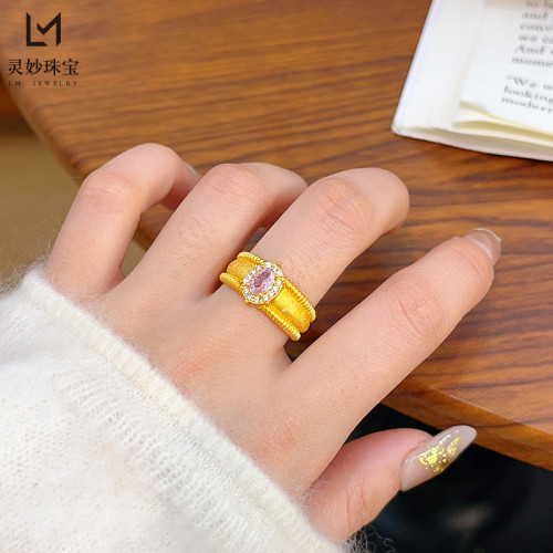 金店同款古法沙金點鑽拉絲鴿子蛋戒指中古風輕奢氣質送女朋友禮物