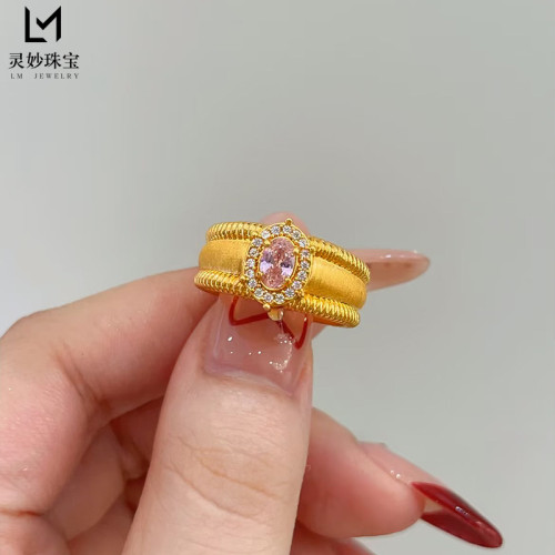 金店同款古法沙金點鑽拉絲鴿子蛋戒指中古風輕奢氣質送女朋友禮物