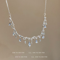 絕美！湖藍色水滴鋯石項鏈ins甜美小衆設計少女心百搭精致鎖骨鏈